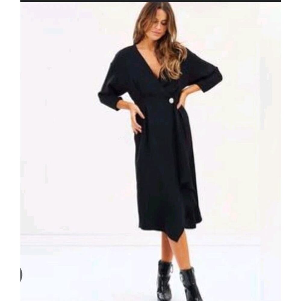 Mango Wrap Black V Neck Wrap Style Button Midi Dress Gathered Sz S Classic Chic